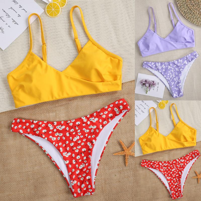

#H40 Bikini Set Women Flower Print High Cut Separate Swimsuit Two Pieces Swimwear Swimsuit Beachwear Bikini Set Bathing Suit, Purple