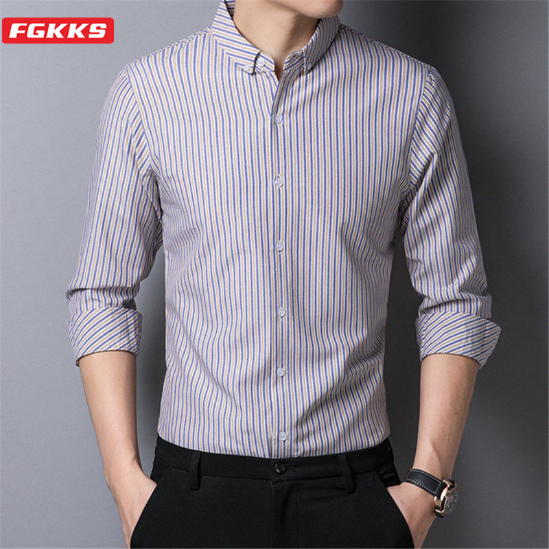 

FGKKS Brand Men's Shirts New Single Breasted Male Wild Shirt Fashion Spring Autumn Stripe Long Sleeve Student Shirt Men, Blue