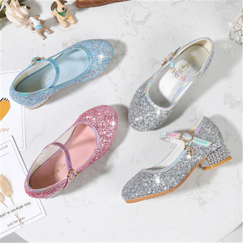 

Children Princess Shoes Student Dance Shoes Girls High Heel Sandals Kids Leather Glitter Crystal Banquet Party, Pink