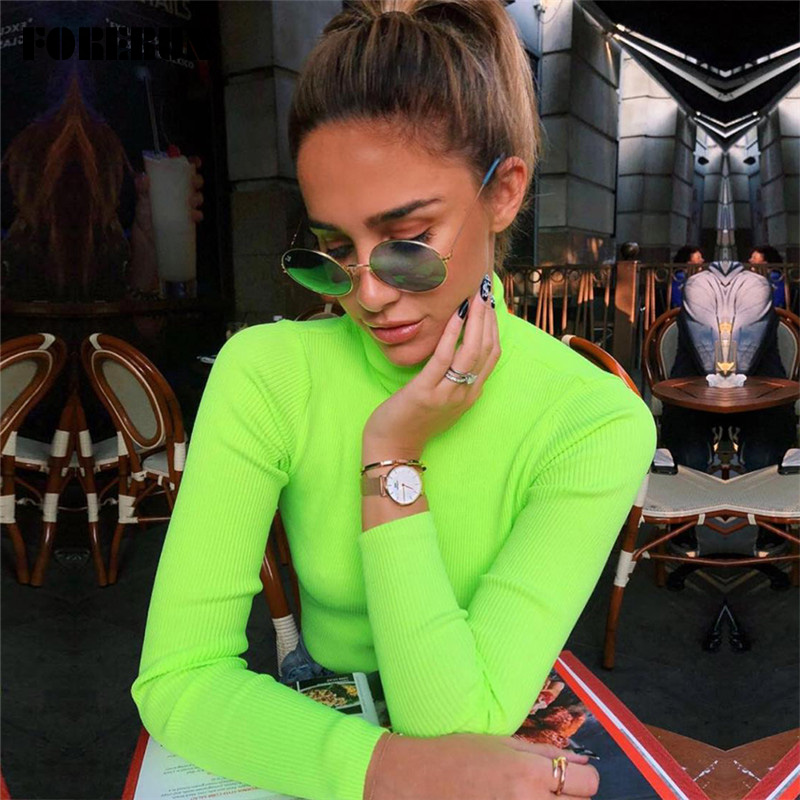 

FORERUN Turtleneck Sweater Women Long Sleeve Rib Kintted Sweaters Neon Pullover Streetwear Winter Sueter Mujer Invierno 2020, Neon green sweater