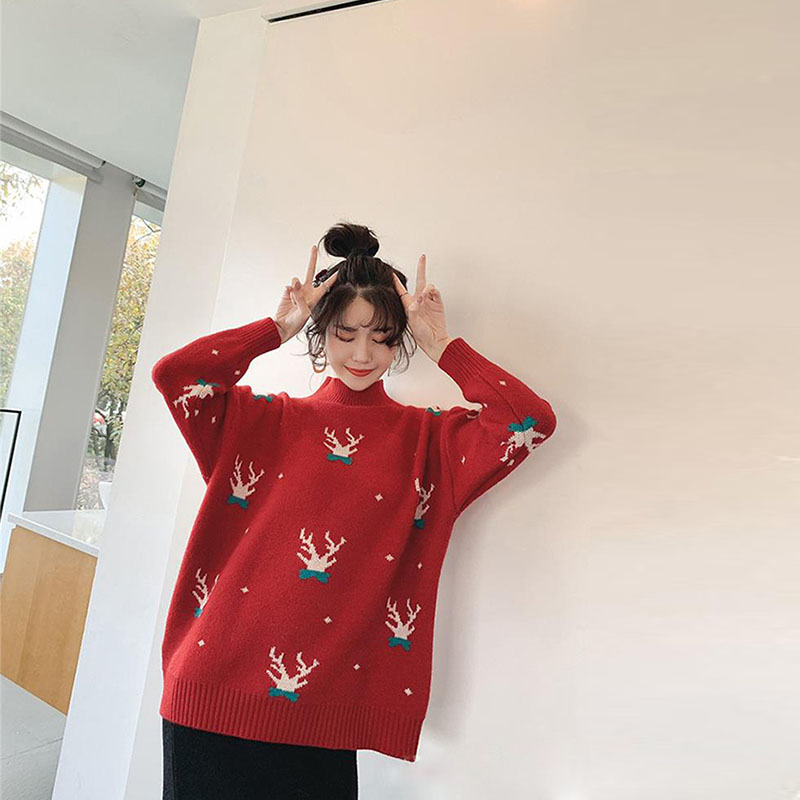 

Christmas Jumper For Women Christmas Sweater Pullover 2019 Winter New Year Sweater Loose Ladies Knitted Pullover Pull Noel Femme, Black