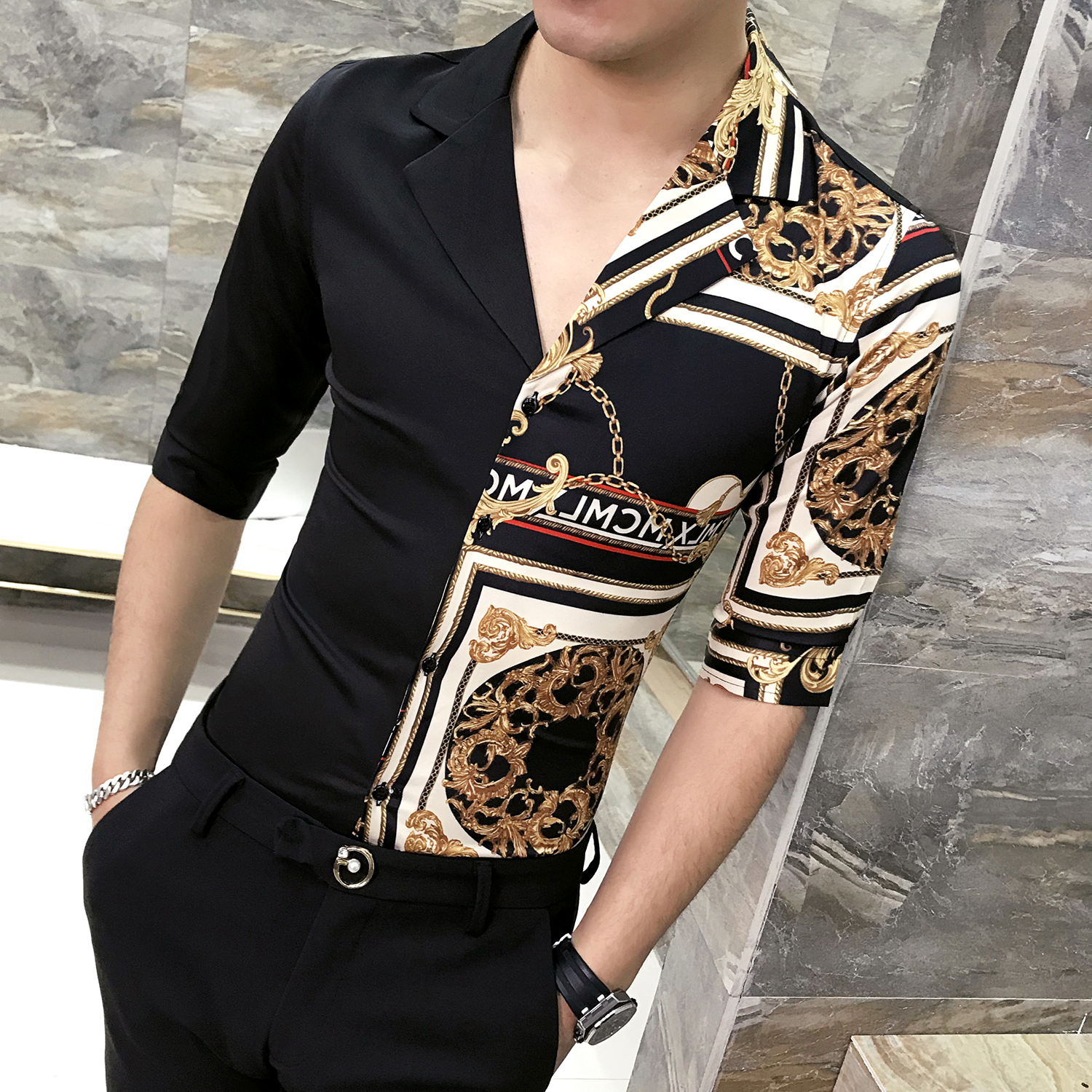 

spring and summer new mens highend personality vneck printed shirt tide slim sleeved nightclub shirt, Black