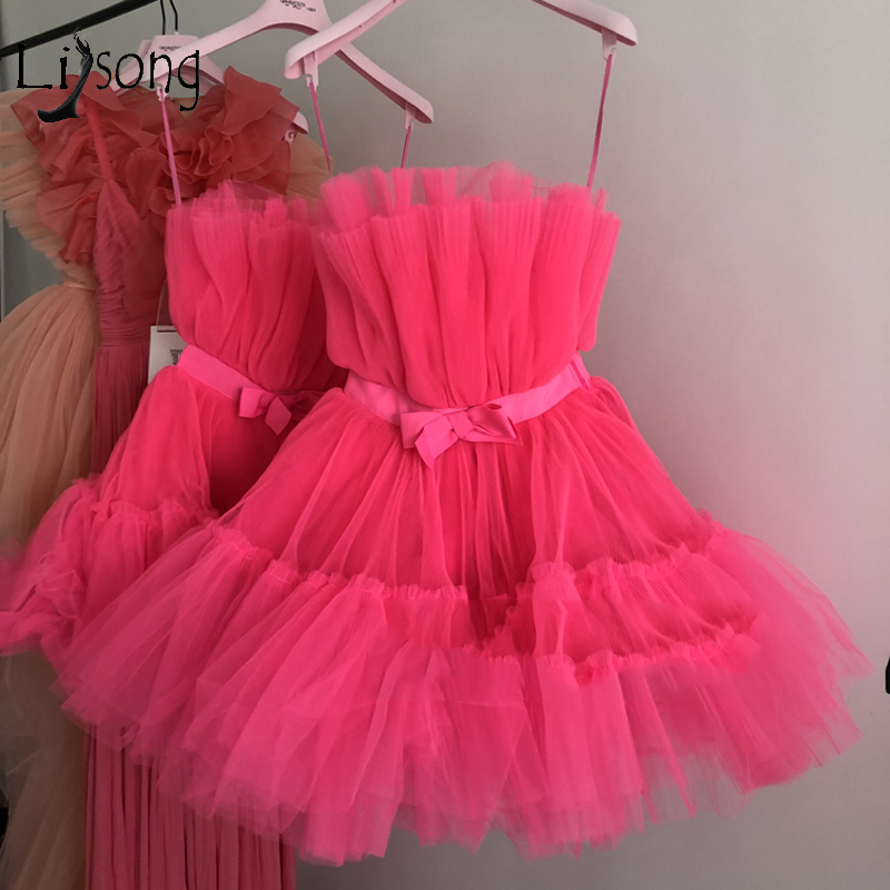 

Pretty Fuchsia Tulle Mini Cocktail Dresses 2019 Ruffles Short Prom Gowns Off The Shoulder Robe De Cocktail Homecoming Dress, Gold