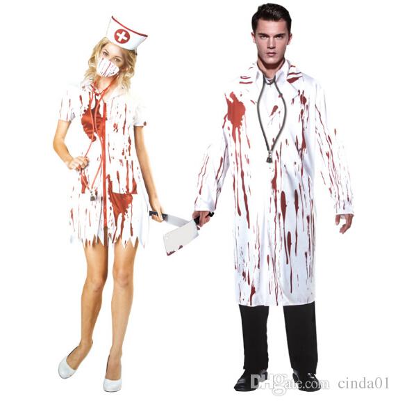 

Doctor Nurse Cosplay Women Men Halloween Blooded Theme Costume Dress Clothing Party Stage Wear, Black;red