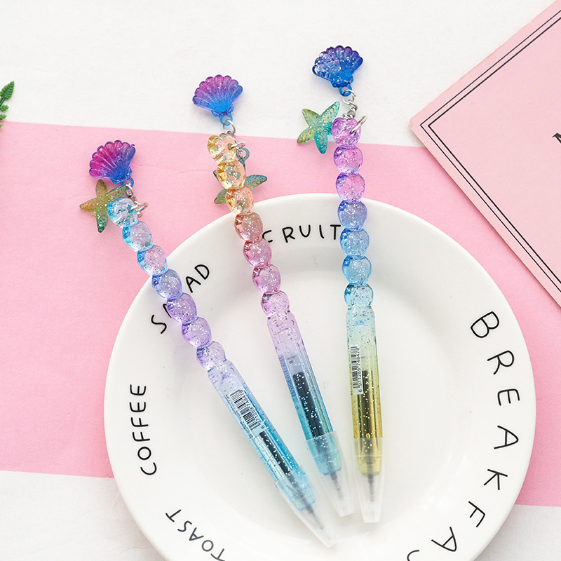 

1pcs Bling Gradient Princess Shell Pendant Gel Pen School Office Supply 0.5mm black ink pen plastic gel pen Stationery tool, As pic