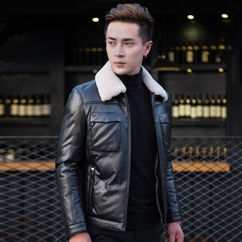 

Men's Leather & Faux Genuine Jacket Winter Men Wool Fur Collar Down Streetwear Sheepskin Coat Plus Size Erkek Mont N5332, Black