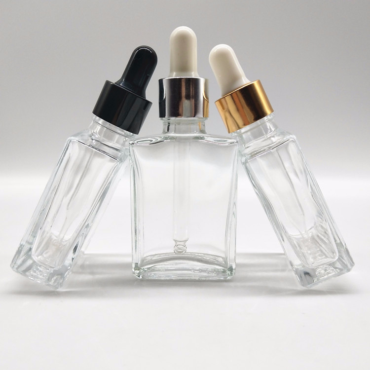 

30ml Flat Square Glass Dropper Bottle Empty Essential Oil Bottle with Silver Golden Black Cap WB2125