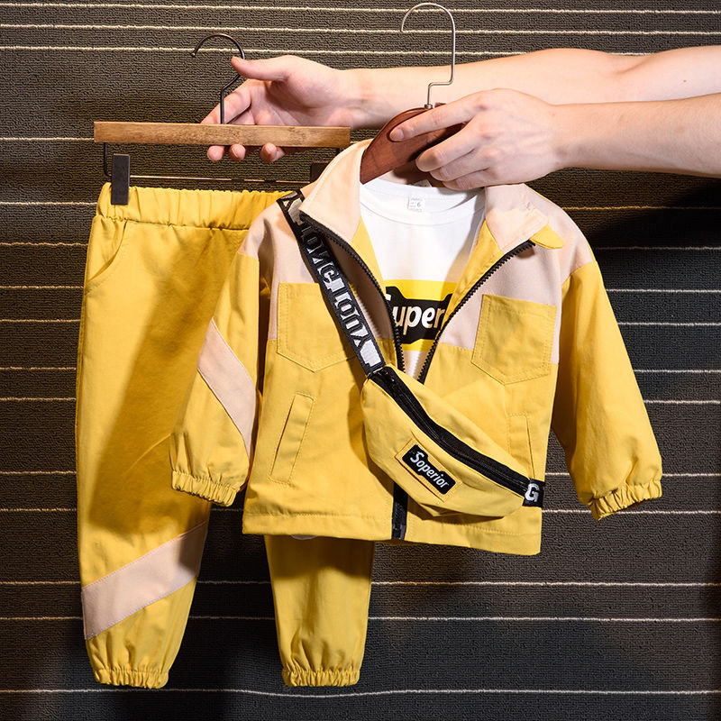 

2020 New Fashion Set (Coat+ Pant+Bag) Korean Version Of The Children's Boys Girls Spring Autumn Two-piece Children's Clothes, Yellow