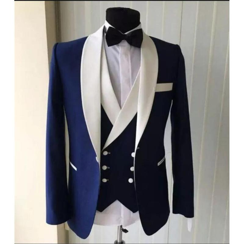 

Groom Tuxedos Suits Shawl Lapel Custom Made Wedding Men Groomsmen Navy Blue 3 Pieces Regular ( Jacket+Pants+Vest+Tie ) E548, Same the picture
