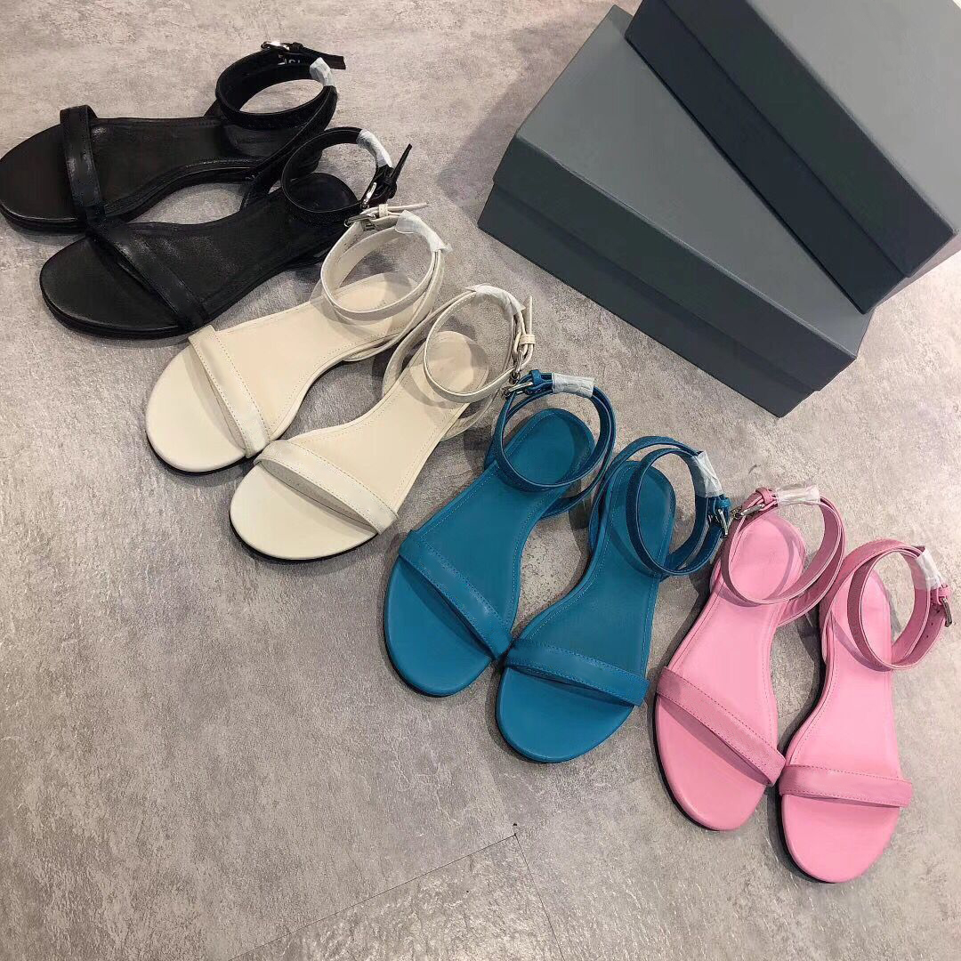 

Ankle Strap Sandals Designer Women Sandals Allover Logo Flat Shoes Genuine Leather Round Flat Sandals Beige Blue Color With Box, Black