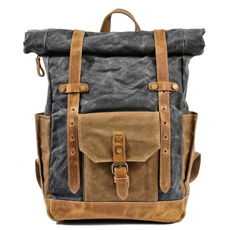 

Vintage Canvas waxed Leather Backpack w/Laptop Storage Travel Bag | Canvas and Cotton | All-Purpose Rucksack for Men, Women, Gray