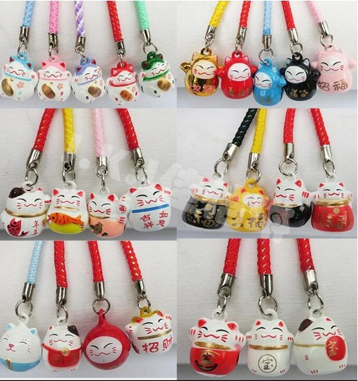YELLOW FISH MANEKI NEKO CAT JAPANESE LUCKY CHARM BELL MOBILE CELL PHONE HANGING