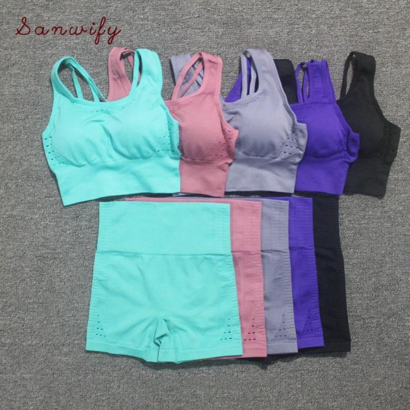 

New Seamless Sport Sets Women Back Cross Straps Yoga Bra Fitness Clothing+high Waist Gym Shorts Sport Leggings Workout Set, Set1 purple