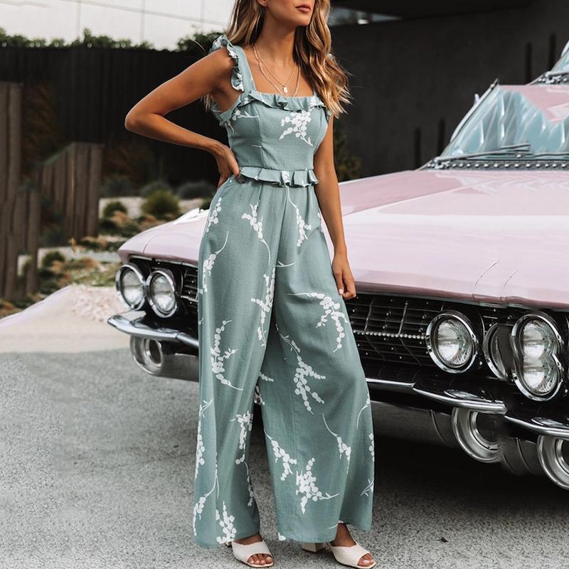 

2020 summer jumpsuit women sleeveless ruffles casual romper ropa mujer print ladies elegant jumpsuits overalls female clothes, Sky blue