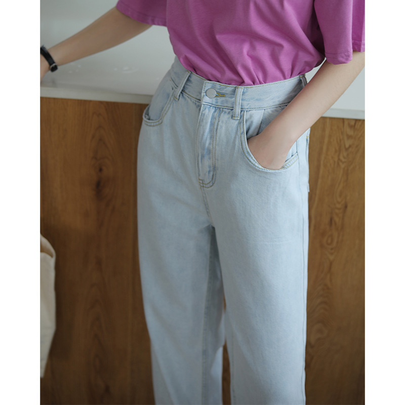 

Eu ode summer wash worn thin jeans female 2020 new han edition of tall waist straight leisure trousers, Blue