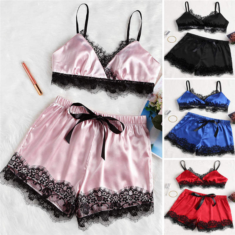 

2PCS Set Women Sexy Satin Lace Sleepwear Babydoll Lingerie Nightdress Pajamas