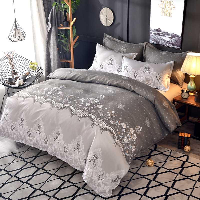 

Flower Embroidered Bedding Set Gray Comforter King Bed High Quality Queen Size Duvet Cover With Pillowcase, White