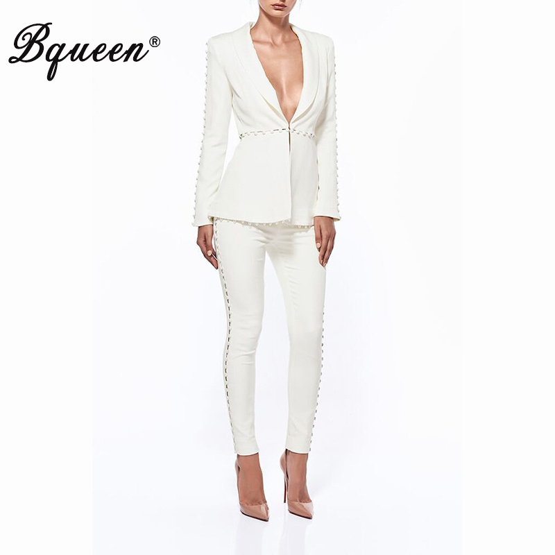 

Bqueen 2017 New Arrival Sexy Autumn Women 2 Piece Sets Fashion Button Deep V Long Sleeve Top Solid Full Lace Up Bodycon Pants, White