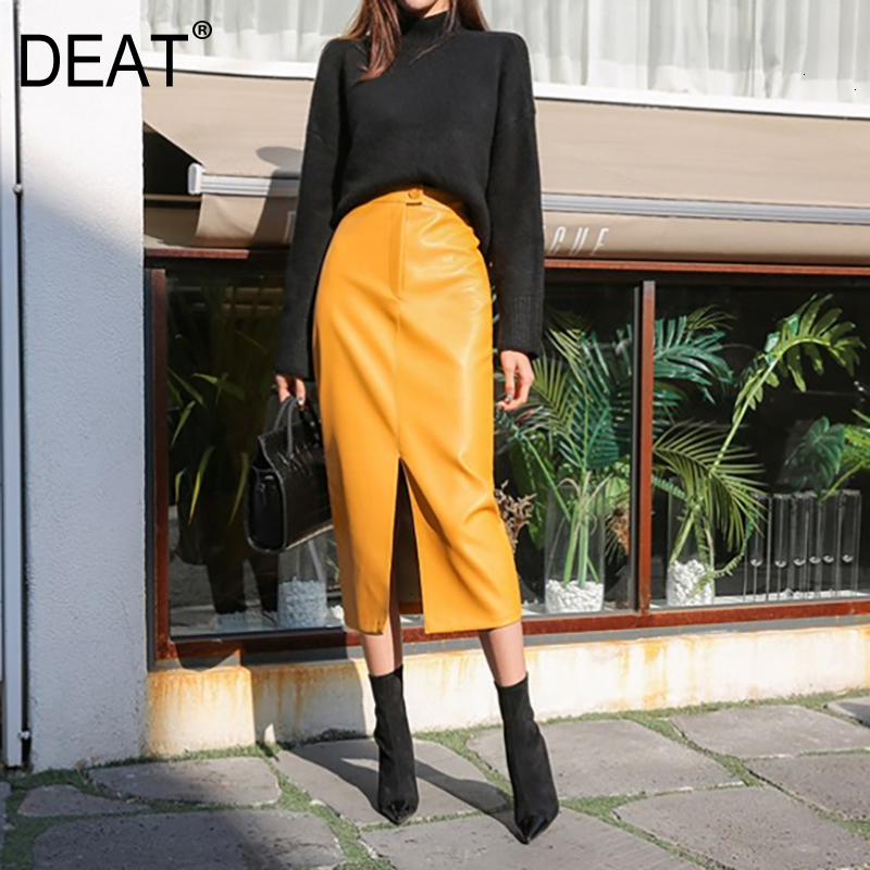 

DEAT] 2020 Fast Delivery New Fashion Korean Female PU Leather High Quality Mid-calf Length Spit Sexy High Waist Skirt AY095, Black
