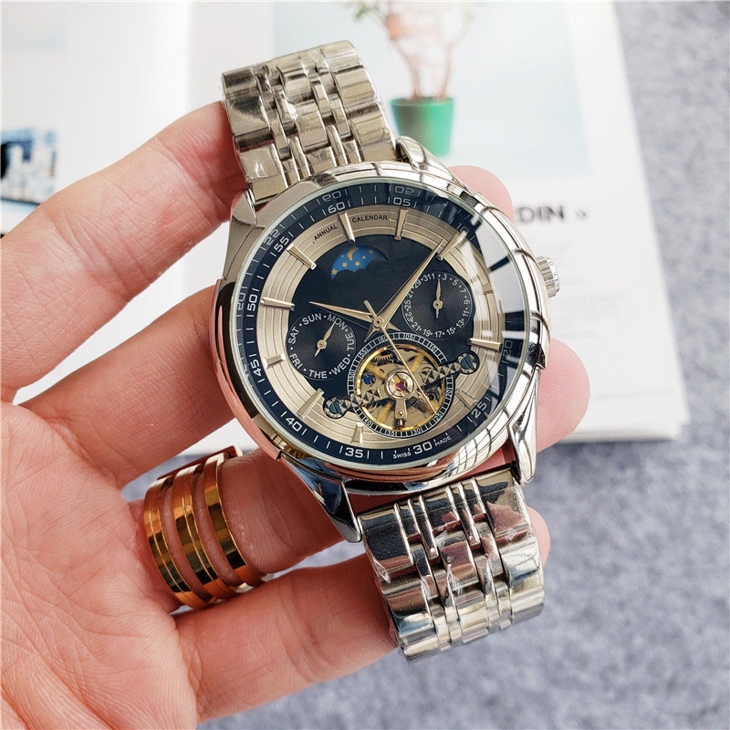 

45m Automatic Mechanical Wristwatches NO BOX Tourbillon Moon Phase Watch White Dial Silver Year Month Week Day Leather/Stainless Steel Strap, As picture