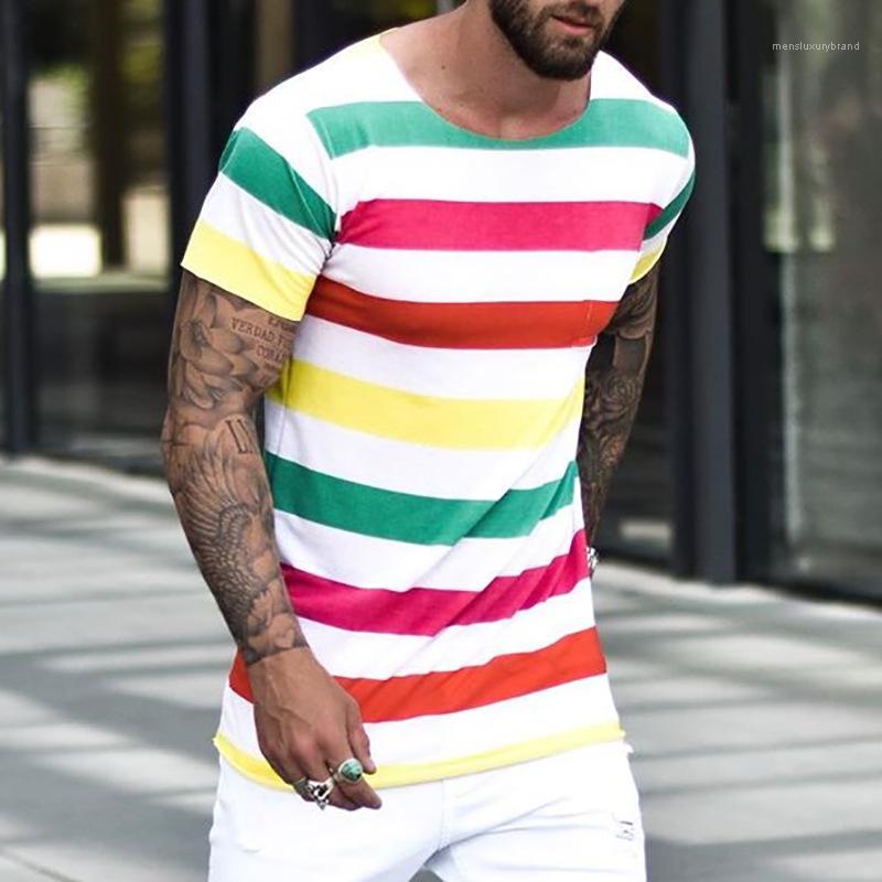 Colors Mens Designer Tshirts Round Neck Short Sleeve Slim Casual Tees All Match Daily Dressing Mens Shirts Striped Rainbow