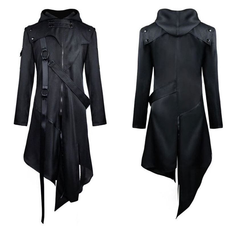 

Vintage Punk Custome cosplay Jackets Gothic Belt Swallow-Tail Coat Long Sleeved Vintage Halloween Long Uniform Men outfit, Black