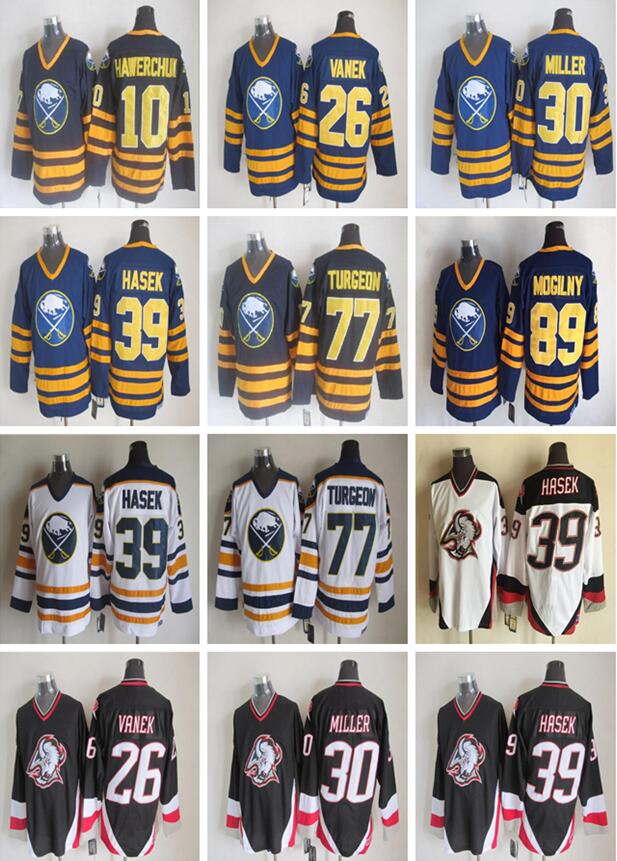 

Vintage Buffalo Sabres 10 Hawerchux 26 Thomas Vanek Danny Gare 30 Ryan Miller 39 Dominik Hasek Pierre Turgeon Mogilny Hockey Jerseys, #39 hasek white 2
