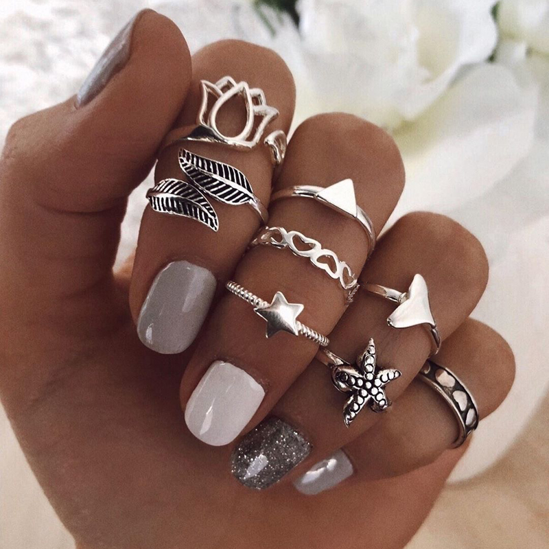 

Cluster Rings HuaTang 8pcs/set Vintage Silver Floral Lotus Ring Sets For Wmen Fashion Starfish Leaf Heart Exquisite Star Joint 14561