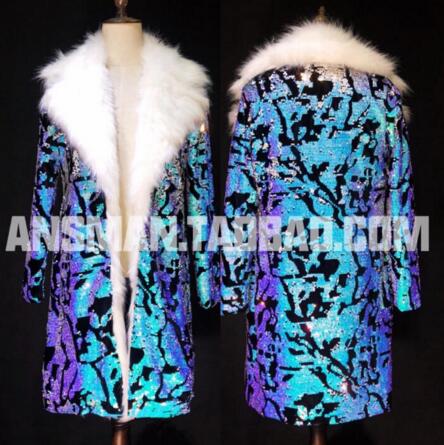 

New Fashion Bar Nightclub DS male performance Hip Hop stage costume Colorful blue sequins fur Coat Men slim Windbreaker jacket, 012