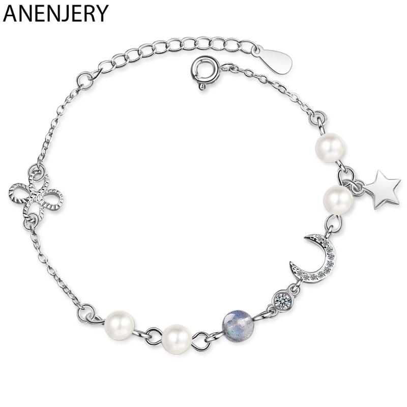 

ANENJERY Moon Star Imitationn Pearl Charms Bracelet 925 Sterling Silver Gradient Moonstone Zircon Bracelet For Women S-B304