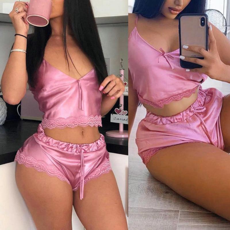 Femmes été Sexy dentelle vêtements de nuit col en V gilet taille cordon Shorts pyjamas ensemble cadeaux parfaits pour les femmes sous-vêtements s
