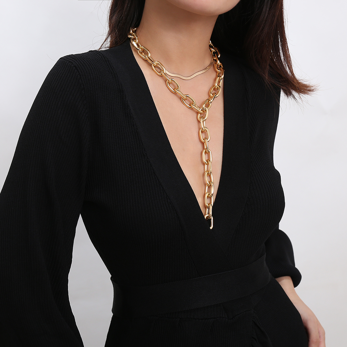 

Double Layer Curb Cuban Thick Long Necklace Punk Hip Hop Gold Color Chunky Metal Choker Necklace For Women Jewelry