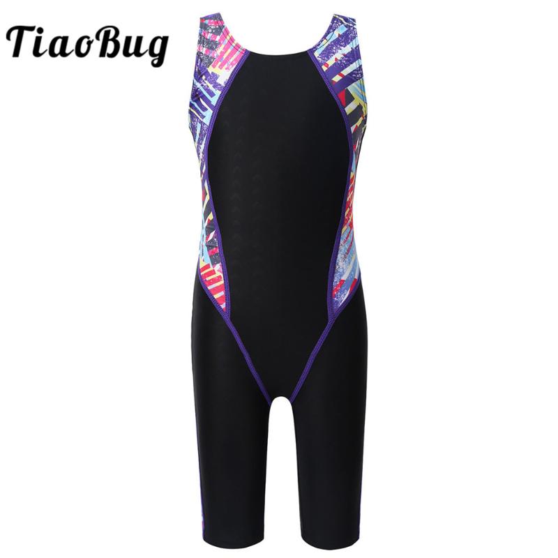 

TiaoBug Summer Kids One-Piece Swimsuit Printed Splice Athletic Competitive Knee Length Racerback Swimwear Girls Bathing Suit