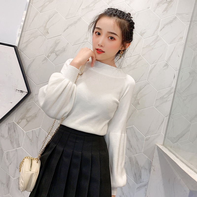 

Sweaters Women Lantern Sleeves Autumn Winter Loose Warm Solid Color Knit Top Slim Pullover Clothes