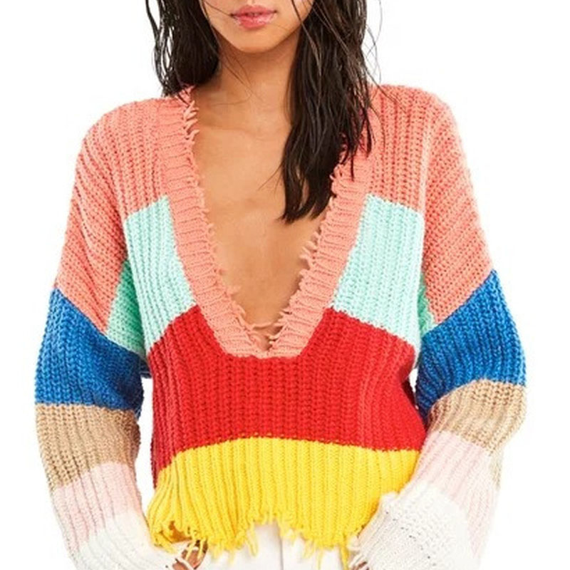 

Oversized Sweater V-Neck Pullovers Casual Long Sleeve Knit Women Sweater Ugly Christmas Sexy Rainbow Plus Size, Multicolor