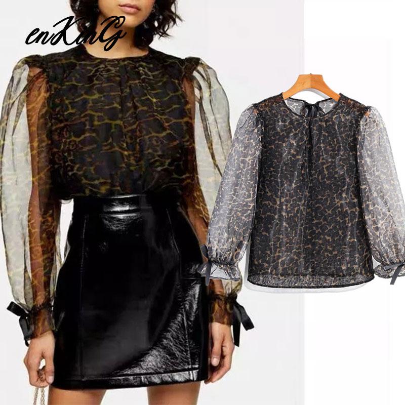 

2019 blouse women england style Leopard Print perspective sexy blusas mujer de moda kimono shirt womens tops and blouse, Black