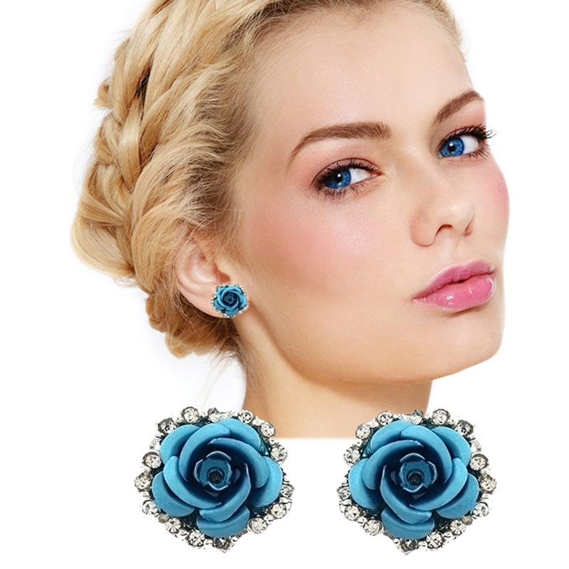 

Hot Selling Romantic Love Rose Stud Earrings Womens Diamond Red Blue Rose Earrings Valentine's Day Jewelry Gifts