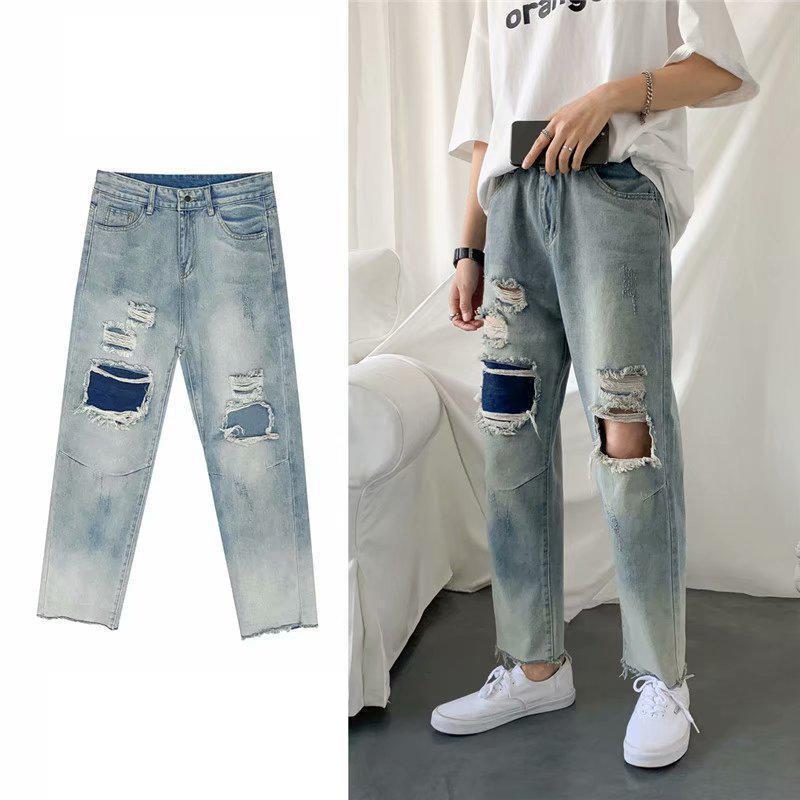 

Summer Men' Pants Tide Hole Jeans Men Straight Straight Loose Korean Version Trend Hip-hop Handsome Nine-point Pants Cool Men, As the picture shows