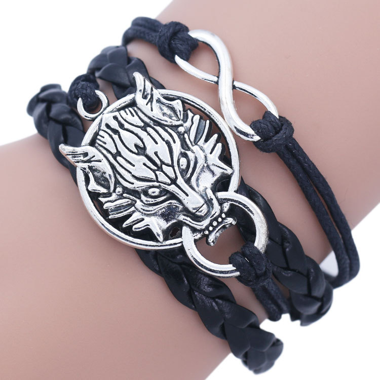 

Vintage Antique Silver Teen Wolf Head Infinity Male Charm Bracelet For Men Multilayer Black Rope Leather Cuff Bracelet, Golden;silver