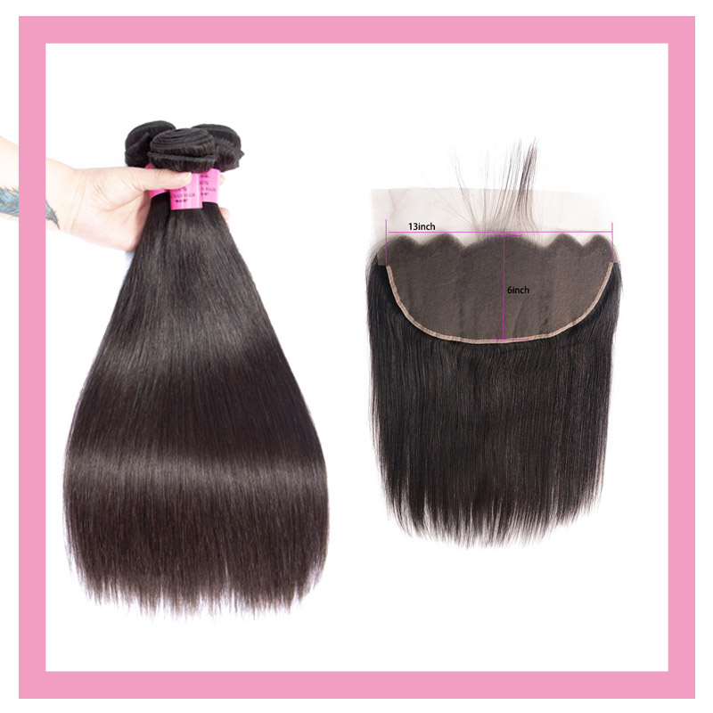 

Malaysian Human Hair 3 Bundles With 13X6 Lacec Frontal Pre Plucked Straight Virgin Hair Wefts With 13X6 Lace Closure With Baby Hair Natural, Natural color