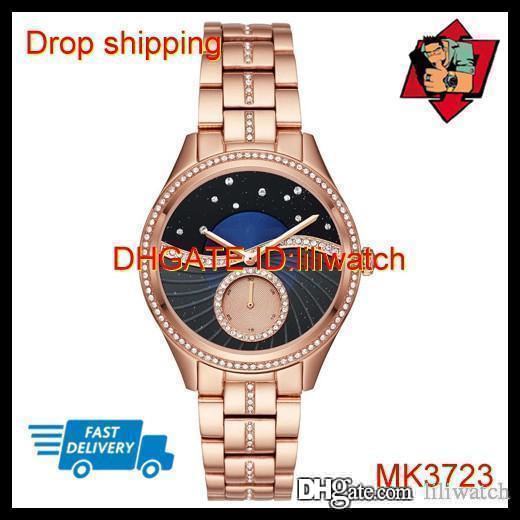 

100% ORIGINAL JAPAN MOVEMENT DROP SHIPPING NEW Ladies MK3723 MK3757 Lauryn Rose Gold Glitz Band Sunray Dial Glitz Bezel 38MM, Blue