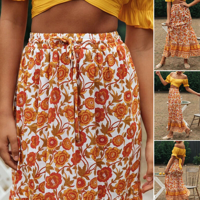 

Summer Women Clothes Pleated Long Skirt Printed Elastic High Waist Swing Skirt Fashion Casual Loose Floral Lady Beachwear