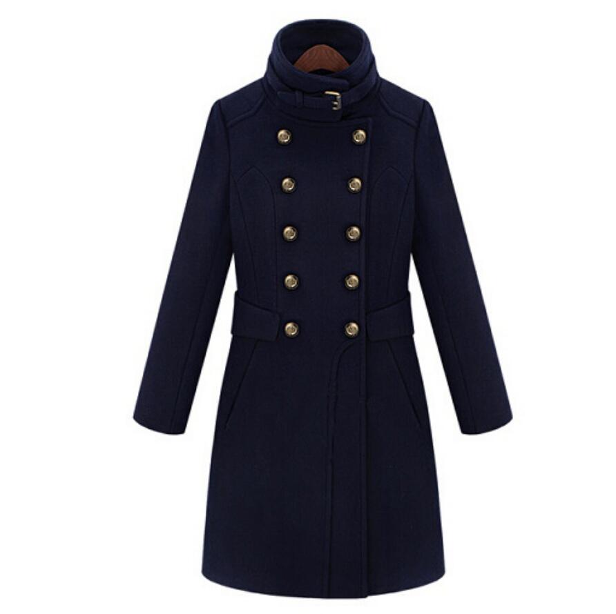 

2019 Autumn Winter Fashion Wool Coat Women Slim Solid Stand Collar Double Breasted Long Coat Female Deep Blue Clothing r1701, Navy blue