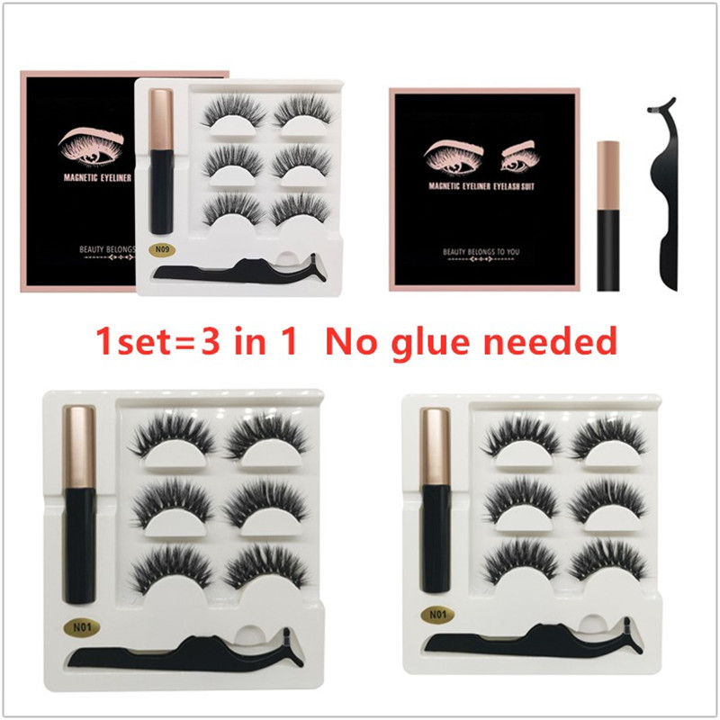

New 3 Pairs Magnetic Eyelashes False Lashes +Liquid Eyeliner +Tweezer set 3D magnet False eyelashes No Glue Needed 14 styles