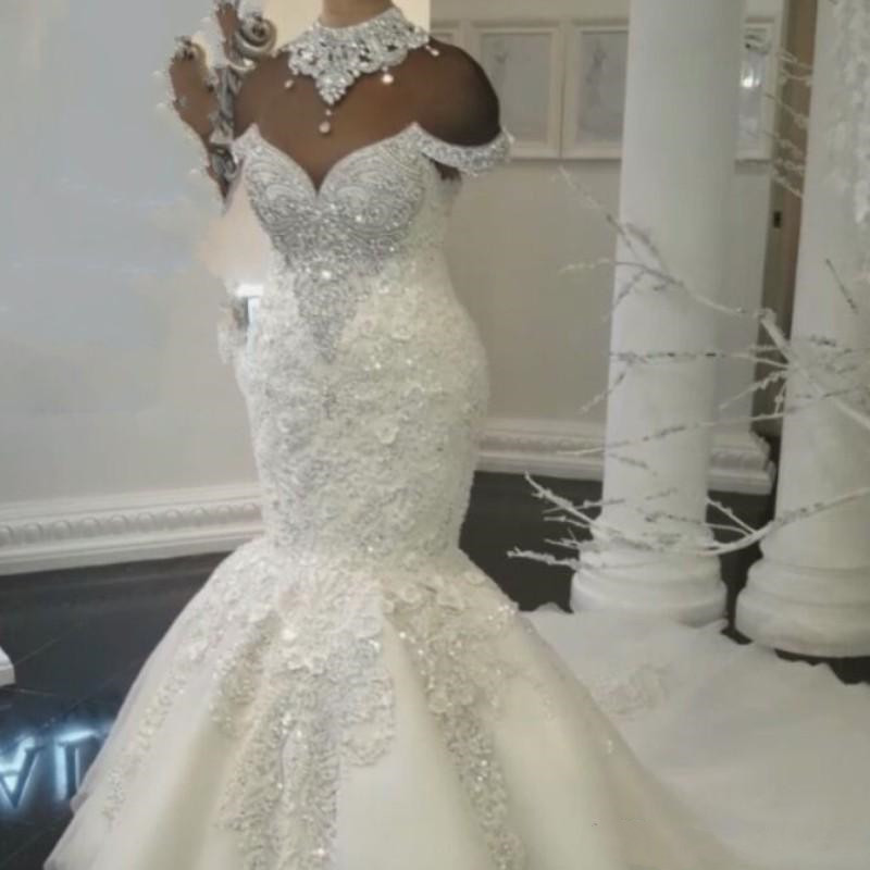 

Plus Size Lace Luxury Crystal Wedding Dresses 2019 Arabic Dubai Mermaid Bridal Dresses Lace Beaded Rhinestone Wedding Gowns High Neck Custom, White