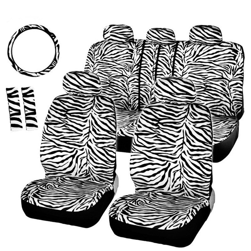 

ZHIHUI Short Plush Luxury Zebra Seat Covers Universal Fit Most Car Seats Steering Wheel Cover Shoulder Pad White Seat Cover