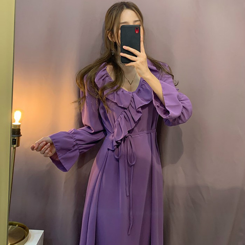 

Women Spring Elegant Purple Ruffle Collar Long Sleeve Long Dress Vintage Slim Waist Brief Solid Color Maxi Dresses, Black