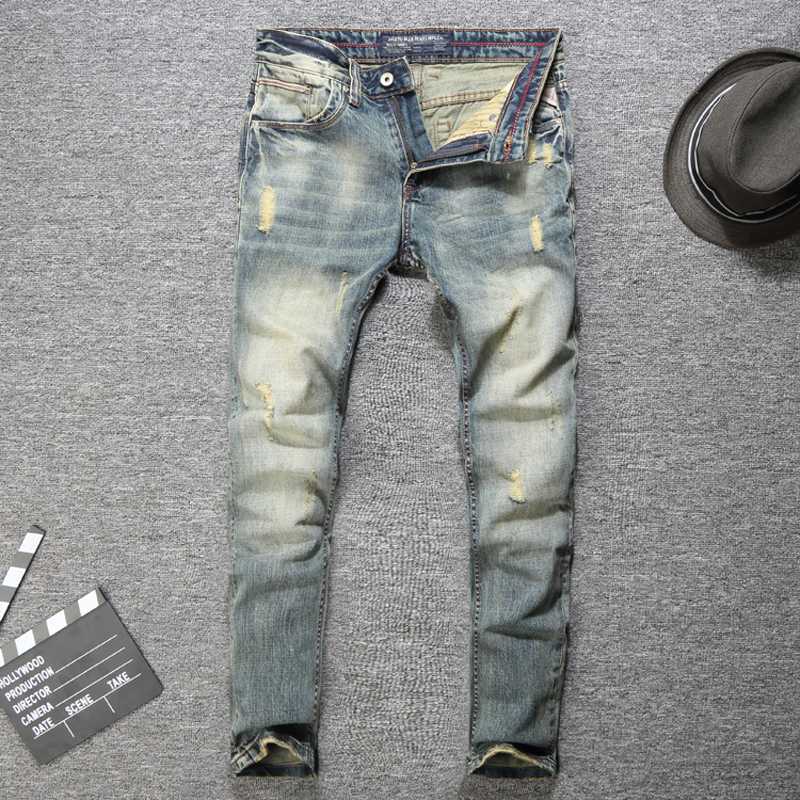 

Vintage Famous Design New Style Men Jeans Fshion Hole Straight Jeans Light Blue Color Casual Pants Midweig Brans Men