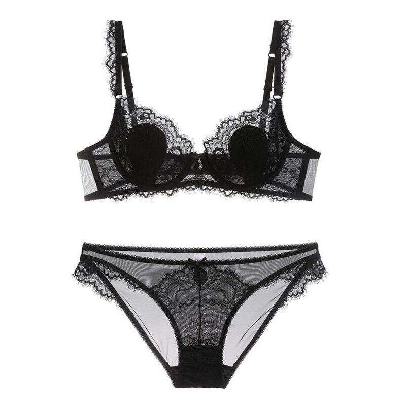 Sexy Lace Ultra Thin Transparent Bra With Padded Lacy Underwear Set Women Lingerie Plus Size Bra and Panties Sets A B C D E Cup Y200415