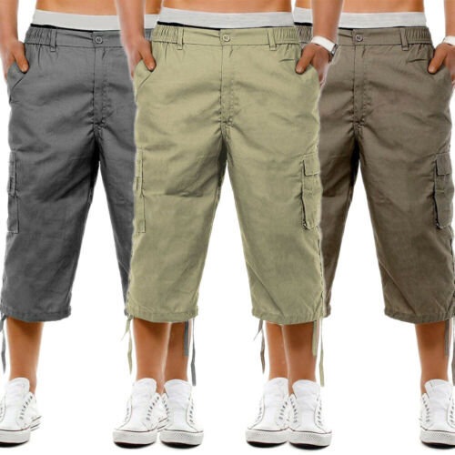 

Januarysnow Men's Casual Combat Cargo Shorts 3/4 Sport Pants Beach Elastic Waist Safari Style Trousers US, Beige